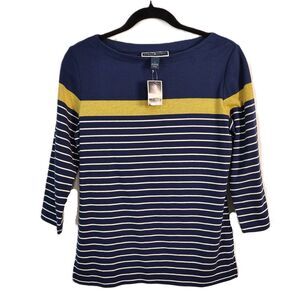 New! KAREN SCOTT Sport Boat Neck Striped Pullover SMALL Women Blue Gold Striped